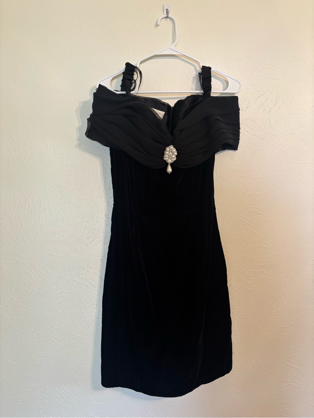 Gunne Sax Black One-Shoulder Velvet Dress with Brooch Accent